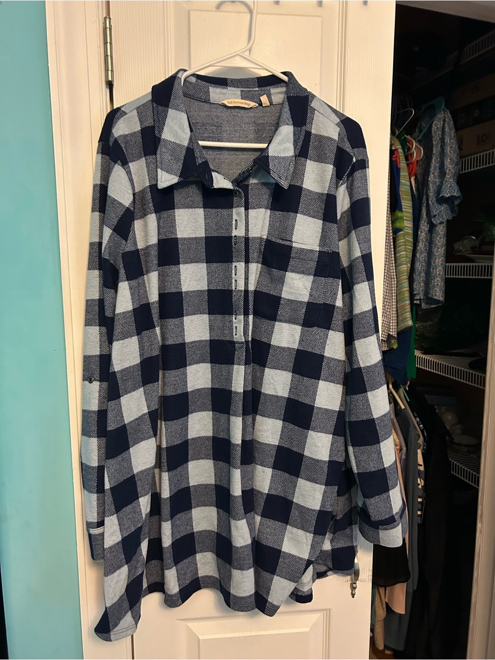 Soft Surroundings Navy and Light Blue Plaid Button-Down